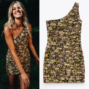ZARA Floral One Shoulder Ruched Metallic Cocktail Mini Dress